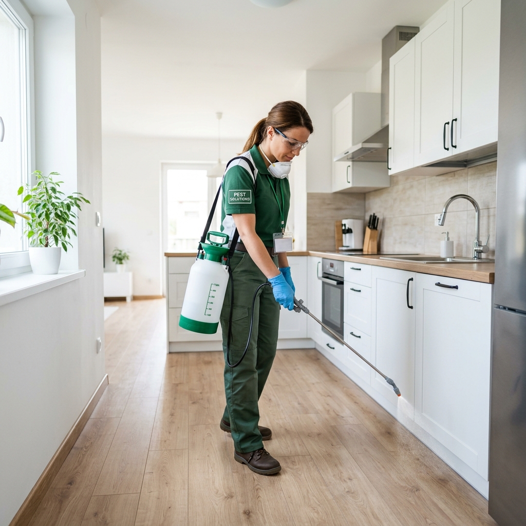 Professional pest control technician treating a home
